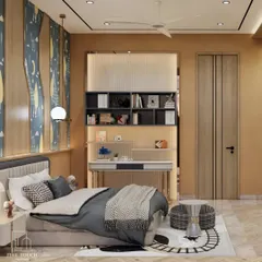 This angle shows the integrated study area with open shelving for books and toys. The design ensures that the room is not just for sleeping but also for learning and creative activities, with everything organized and within reach.