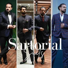 A collage showcasing the range of my sartorial suits, from classic tuxedos and double-breasted suits to modern bandhgalas and checked jackets.