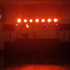 The calm before the storm. This is my console and lighting truss, all set up and ready to go. The right lighting is key to setting the mood for the entire evening.