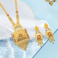 From daily wear to bridal grandeur, this long gold necklace set meets every market need. The floral and geometric patterns with red enamel accents make it a versatile and attractive stock item.