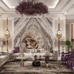 We love blending classic elegance with modern flair. This neoclassical living area features a stunning book-matched marble backdrop and a dramatic purple chandelier, showing how we use bold pops of color and timeless details to create a space with soul and personality.