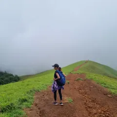 A solo trekker taking in the view along the Nethravathi ridge. The path is well defined, making it a great trek for building confidence while enjoying the scenery.