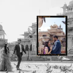 An artistic shot from Jaipur, with a color photo framed against a black and white background, capturing a romantic moment amidst the pigeons at Albert Hall Museum.