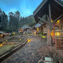 The TARA boutique resort in Kotagiri at dusk. I used locally sourced stone for the pathways and reclaimed wood for the structures to create a space that feels timeless and deeply connected to the Nilgiri hills.