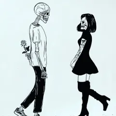 A finished pen drawing of a skeleton couple, a theme I explore to represent love beyond the superficial. This piece blends a modern, edgy style with a timeless romantic gesture.
