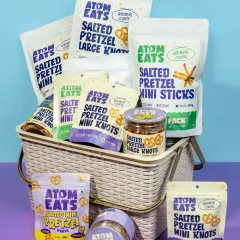 A basket overflowing with an entire product line is a powerful way to showcase variety. For this pretzel brand, we created a vibrant, abundant shot against a colorful backdrop to give a full overview of their offerings in a single, impactful frame.