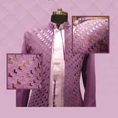 Here is a full view of a unique jacket crafted from a rich purple fabric. The garment is embellished with a geometric pattern of gold foil work, creating a modern and luxurious outfit perfect for a sangeet or festive celebration.