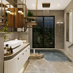 I designed this bathroom as a private spa-like sanctuary. It features a custom sunken tub with a cascading rain shower, warm ambient lighting, and a seamless connection to the outdoors to turn daily rituals into moments of indulgence.