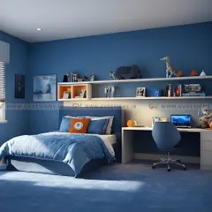 For this boy's bedroom, we used a contemporary blue theme to create a space that is both stylish and functional. The design includes a long study desk with open shelving above the bed, providing ample space for books, decor, and schoolwork.