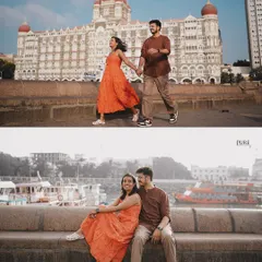 A two-part story showing Nikit and Anusha's day in Mumbai. The top frame captures them walking hand-in-hand in front of the Taj Mahal Palace Hotel, while the bottom shows a quiet moment by the sea.