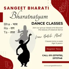 Our new batch alert for Bharatnatyam classes. This graphic explains the core components of the dance: `Bhaav` (expression), `Raag` (melody), and `Taal` (rhythm).