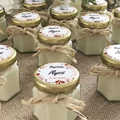 Adorable gifting options under 69 rupees, including shipping. These hexagonal mini jars were for a baptism, customized with labels and jute ties.