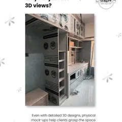 While 3D views are helpful, physical mock-ups like these 'kaccha' furniture boxes allow clients to grasp the scale and feel of the space much more effectively.
