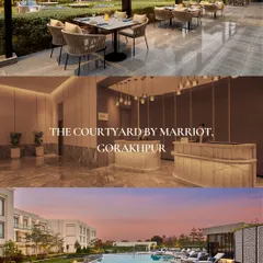 A collage of the Courtyard by Marriott, Gorakhpur. It showcases the serene poolside at dusk, the modern reception area, and the covered outdoor patio dining space, all designed for a calm and intimate guest experience.