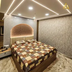This bedroom features a unique arched headboard with fluted paneling and backlighting. The design is complemented by geometric LED strip lights on the ceiling, adding a modern and dynamic touch.