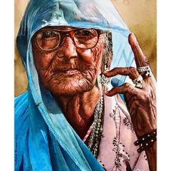 In this advanced portrait, I focused on the translucent quality of the blue veil and the way it frames her face. Capturing the intricate details of the jewelry and the texture of aged skin is a meditative process.