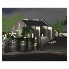 A night-time 3D render of the Pechimuthu Memorial entrance. The tapered form signifies strength and stability, while minimal exterior punctures and strategic uplighting create a quiet, peaceful, and respectful ambiance.