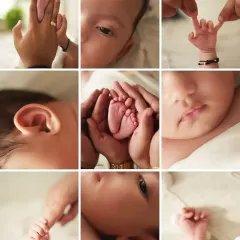 A color version of our newborn details collage. These close-up shots of tiny hands, feet, and facial features are a beautiful way to remember how small they once were.