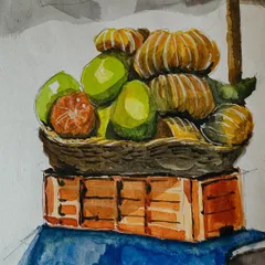 A watercolor sketch of a fruit seller's basket, filled with mosambi and oranges. This was painted on location during a sketch walk, capturing the fresh, vibrant colors of the fruit stand.