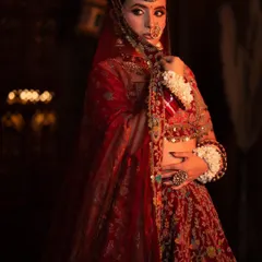 A dramatic and regal portrait of a bride in a deep red velvet lehenga. The dark, moody lighting highlights the richness of the fabric and the intricacy of the jewellery.