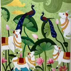 A beautiful Pichwai painting featuring decorated cows and peacocks amidst lotus leaves. This traditional art style is known for its intricate details and devotional themes, perfect for creating a spiritual ambiance.