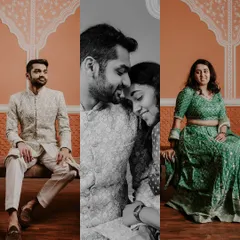 This triptych combines individual portraits with an intimate black and white central image. It's a modern way to tell a story within a single frame, highlighting both individual style and shared connection.