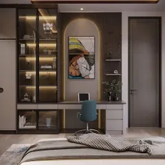 Another view of the home office concept, highlighting the ample storage provided by the glass-door cabinets and drawers. The warm lighting and dark wood finish create a professional yet cozy atmosphere.