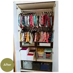 And here is the stunning 'after'. By decluttering, using the double hanging rods, and creating zones with organizers, we made the wardrobe functional and beautiful, proving that a little guidance can lead to a huge transformation.