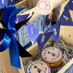 A close-up of the personalized details on our Boss Baby return favors. We add custom name banners and themed labels to each jar, ensuring every element of the gift matches the party's theme perfectly.