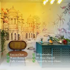 This magnificent wallpaper depicts a Rajasthani palace scene, bringing a sense of royal grandeur and history into the room. My designs are fully customizable, water-resistant, and easy to clean.