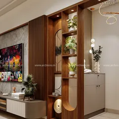 This custom wooden partition with built-in display shelves elegantly separates the living and dining areas while maintaining an open and connected feel.