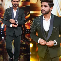 Singer Pawandeep Rajan looking dapper on set in our dark green tuxedo. The unique shoulder embellishment and sleek design make this a standout piece for any formal event.