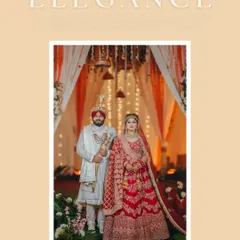 A full-length portrait titled 'Elegance,' capturing the couple's regal stance and the grandeur of their traditional Sikh wedding attire.