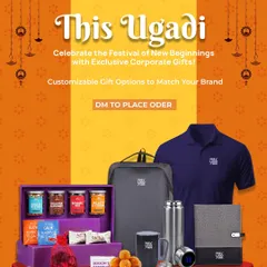A festive promotional image for Ugadi, showcasing a complete corporate gift set. It includes a backpack, polo shirt, water bottle, notebook, mug, and a traditional festive food hamper, perfect for celebrating new beginnings.