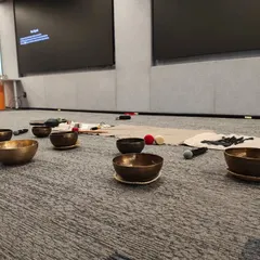 The setup of Tibetan singing bowls before a corporate wellness session at Hewlett Packard Enterprise. These instruments are the heart of my sound healing practice, used to create a deeply relaxing environment.