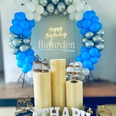 A blue, white, and silver balloon ring setup, complete with pedestals and decorative props like birdcages.