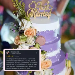 We are so proud of the team for this beautiful wedding cake and grateful for such a wonderful review. We made many changes to get it just right for the couple's reception party.