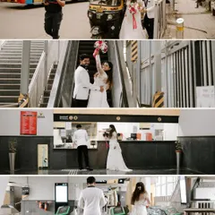 The story of a wedding day journey through Mumbai. This collage shows the couple navigating the city, from taking an auto-rickshaw to using the metro, turning their commute into a memorable part of their celebration.