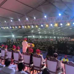 Inside the large event tent, this view from the stage shows the seating arrangement for a huge audience. I manage the entire interior setup, including stage, lighting, and seating plans.