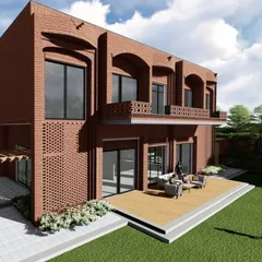 A render of the farmhouse patio, designed as a seamless extension of the indoor living space. This outdoor lounge area is perfect for relaxing and enjoying the garden views.