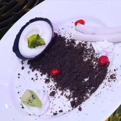 A deconstructed dessert featuring a coconut shell, chocolate soil, and fresh fruit. This creative presentation reflects our passion for food design and offering guests something unexpected.