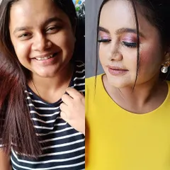 From a casual striped tee to a stunning look in yellow. This before-and-after showcases a soft pink shimmery eye and a flawless base, proving you're always just one makeup session away from feeling your best.