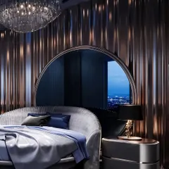This visualization captures the dramatic mood of a modern luxury bedroom. My focus was on the advanced simulation of light and material. I rendered the way the metallic wall panels would catch the ambient glow from the crystal chandelier and the soft light from the bedside lamp, creating a space that feels both futuristic and deeply opulent. The reflection in the large circular mirror adds a layer of depth, showcasing the city view and expanding the narrative of the room.