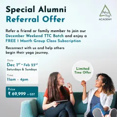 We believe in the power of community. This special offer is for our alumni who wish to share the gift of yoga. When you refer a friend or family member to our weekend TTC batch, you receive a free one month group class subscription as our thank you for helping our community grow.