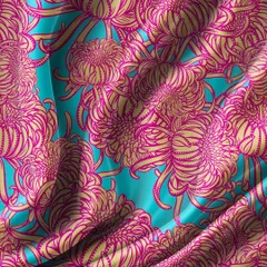 The 'Petal Pop' pattern in a stunning turquoise and pink combination, shown here on a silky fabric. The intricate, flowing lines of the chrysanthemums create a sense of movement and rhythm.