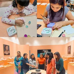A collage from a customer event where we celebrated with cake and a fun jewelry box painting session.