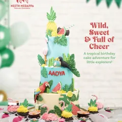 For Aadya's birthday, we created a tropical paradise. This dessert spread features a three-tiered jungle cake with hand-sculpted parrots, toucans, and flamingos, complemented by matching pineapple cupcakes and flamingo cakesicles.
