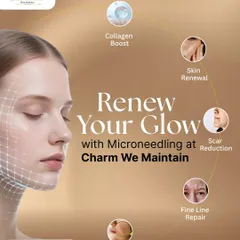 Microneedling is a fantastic way to renew your glow by boosting your skin's own collagen production. This graphic shows how it helps with scar reduction, fine line repair, and overall texture refinement.