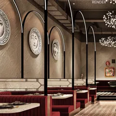 The render for the cozy booth seating at Fountain Sizzlers, detailing the arched partitions, custom plate art, and patterned flooring.