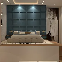 For this master bedroom concept, I designed a split-level layout to create distinct zones for sleeping and lounging. The elevated bed platform, framed by a dramatic blue paneled wall and large-scale art, makes a bold statement while maximizing storage and functionality.